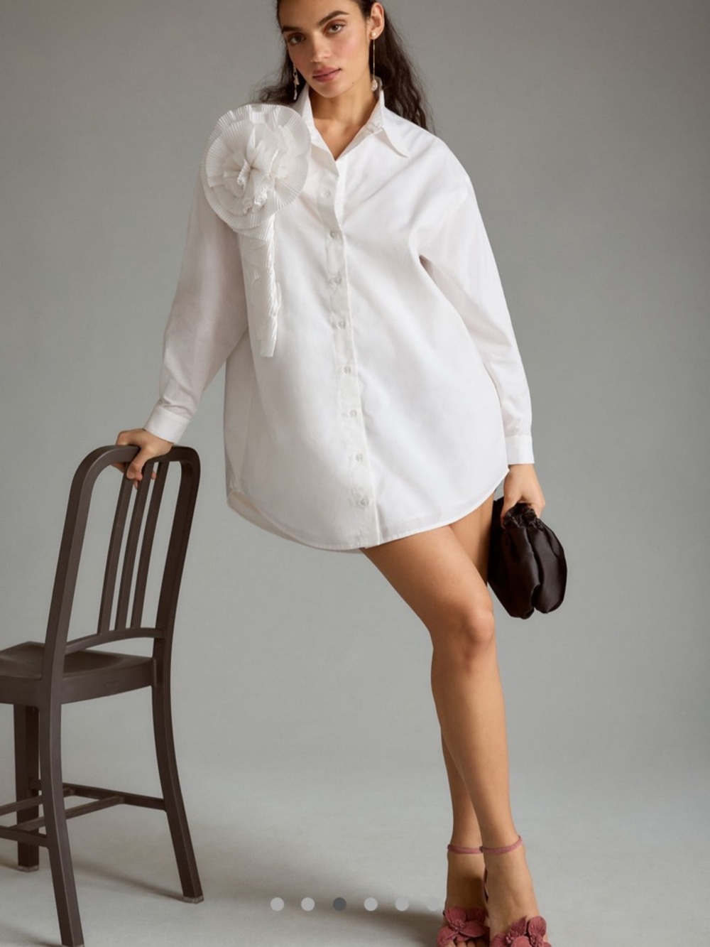 Anthropologie White Oversized Button-Down Shirt with Floral Appliqué - Picture 2 of 10